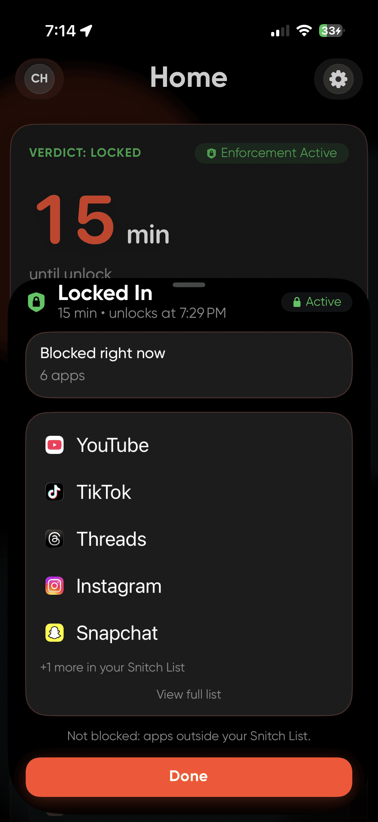 Narc home screen showing lock-in summary and focus streak