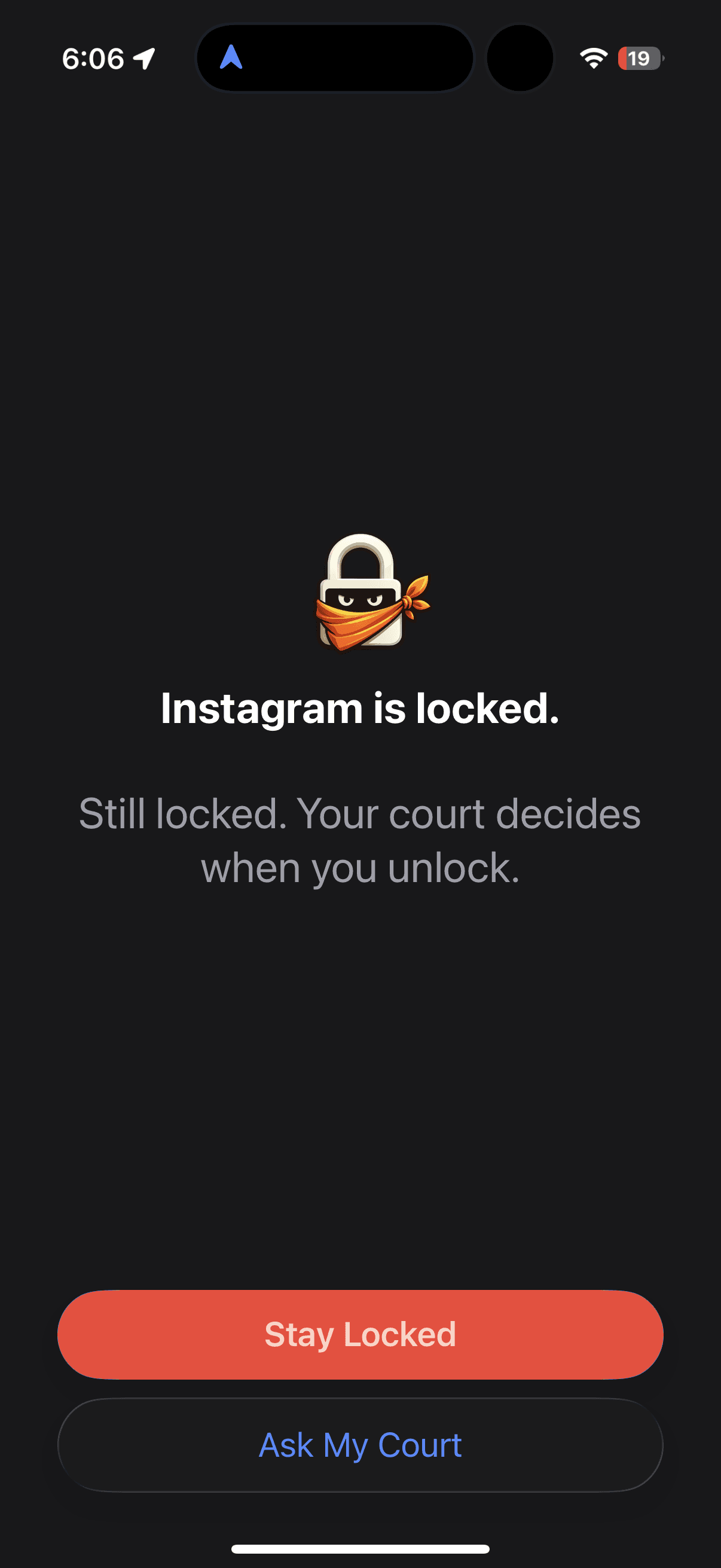 Narc lock screen showing blocked access message
